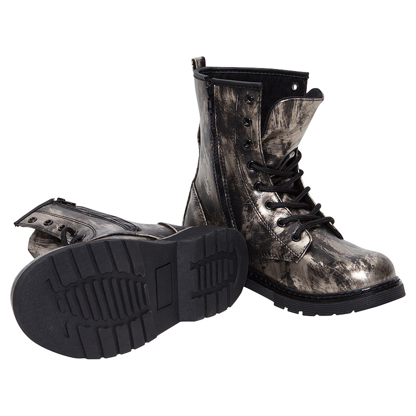 Bottillons montants noirs et dorés à lacets et zip 