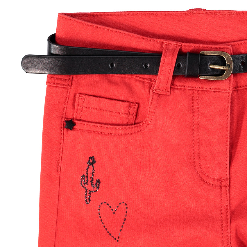 Pantalon slim en satin de coton uni avec ceinture amovible effet cuir 