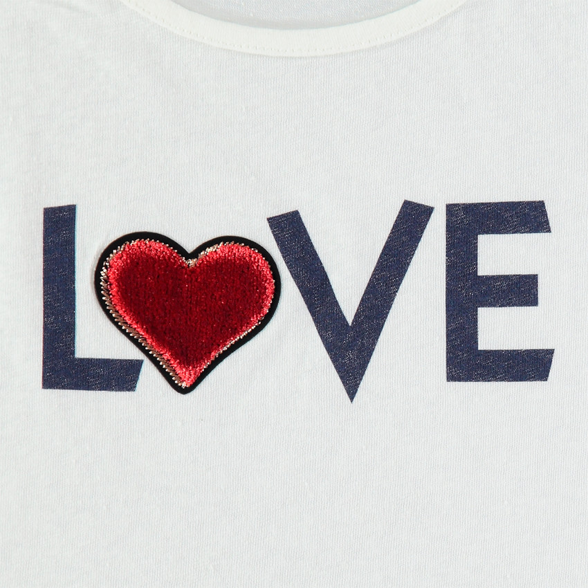 T-shirt manches longues uni avec message printé et coeur en velours 