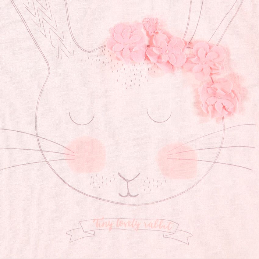 Tee-shirt manches courtes en jersey avec lapin printé et fleurs en relief 