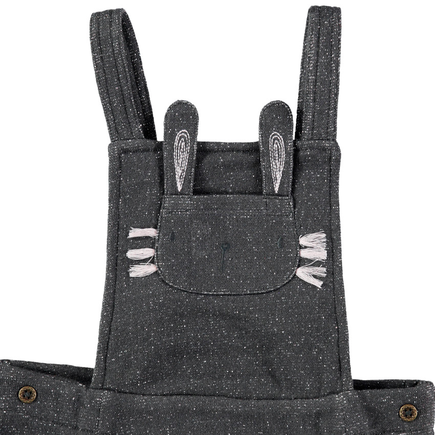 Robe salopette en maille mélangée de fil argenté et poche forme lapin 