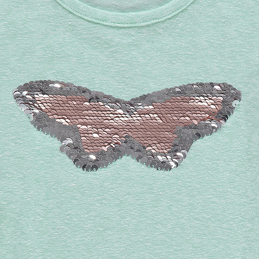 Tee-shirt manches longues en jersey chiné avec papillon en sequins magiques et volants 
