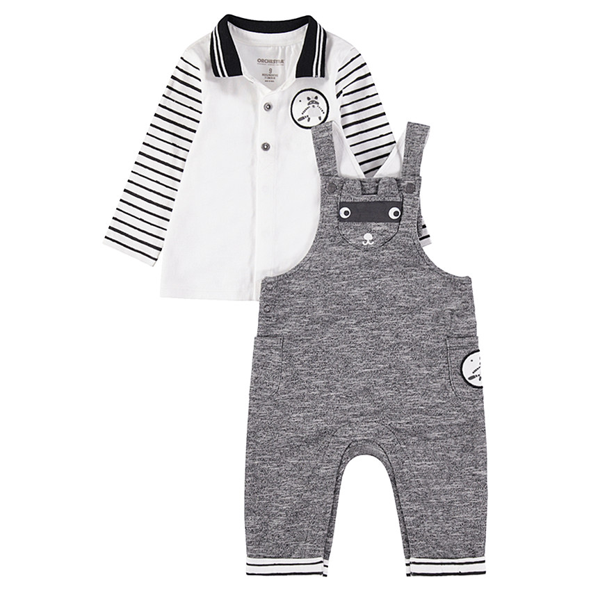 Ensemble polo manches longues avec badge et salopette chinée à poches 