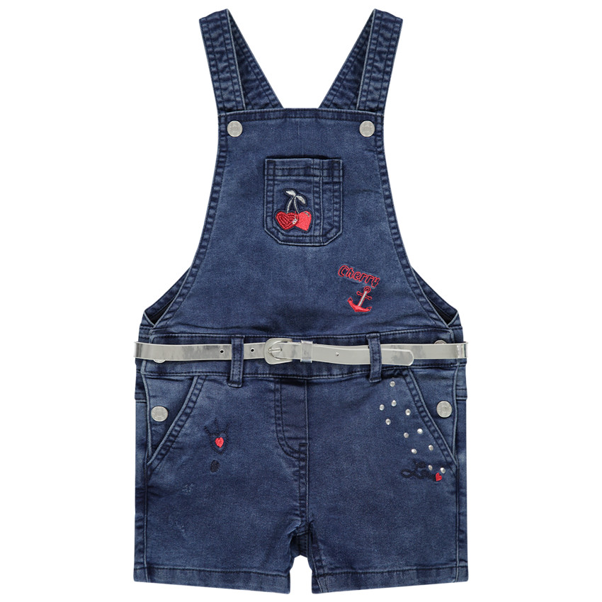 Salopette courte en jean effet used à broderies 