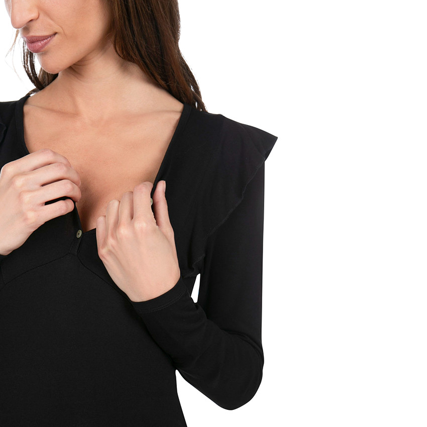 Tee-shirt de grossesse manches longues avec volants et col boutonné 