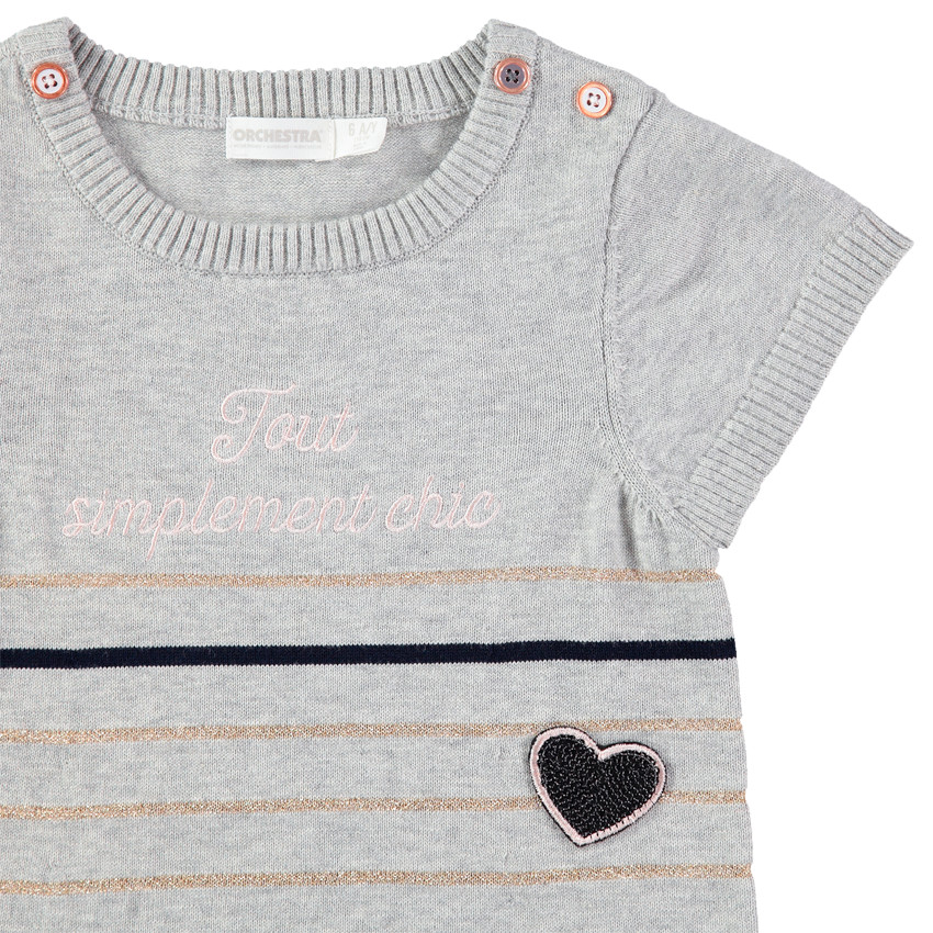 Robe manches courtes en tricot avec message brodé et noeuds en sequins 