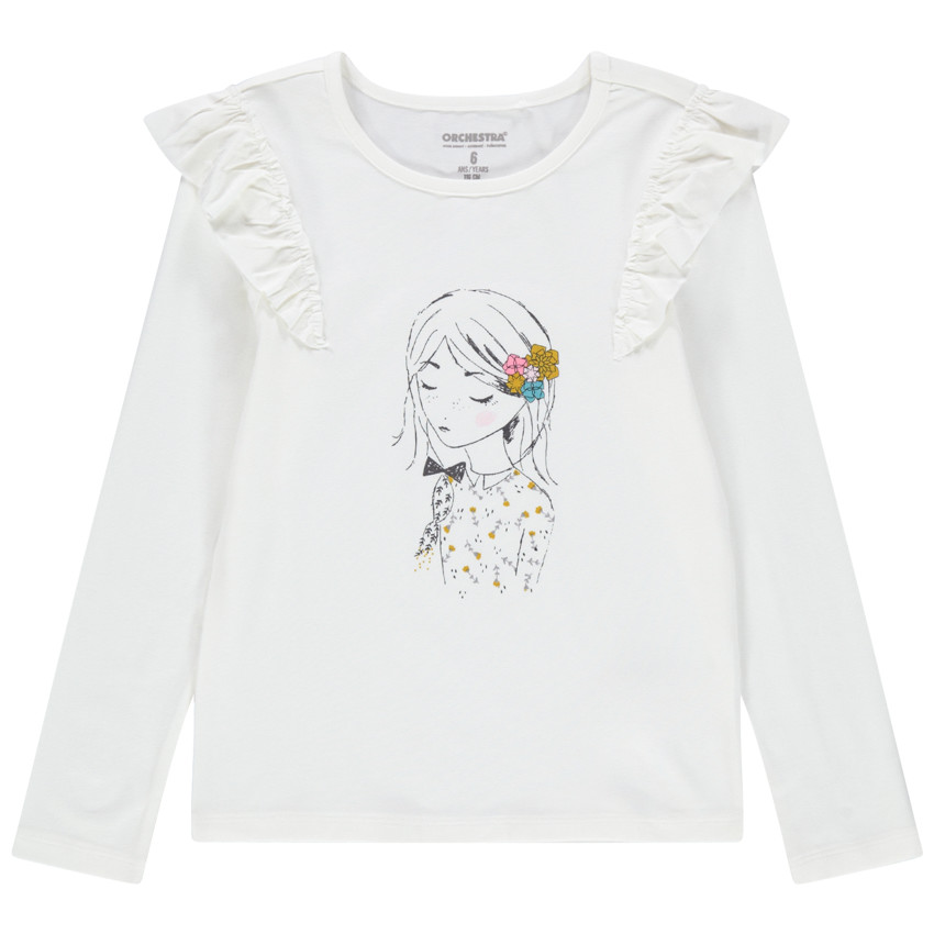 T-shirt manches longues print fillette et emmanchures volantées 