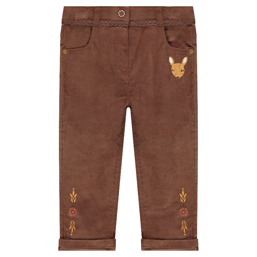 Pantalon slim en velours avec faon brodé et galon dentelle  