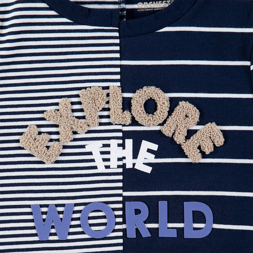 Tee-shirt manches longues à rayures et inscription en bouclette 