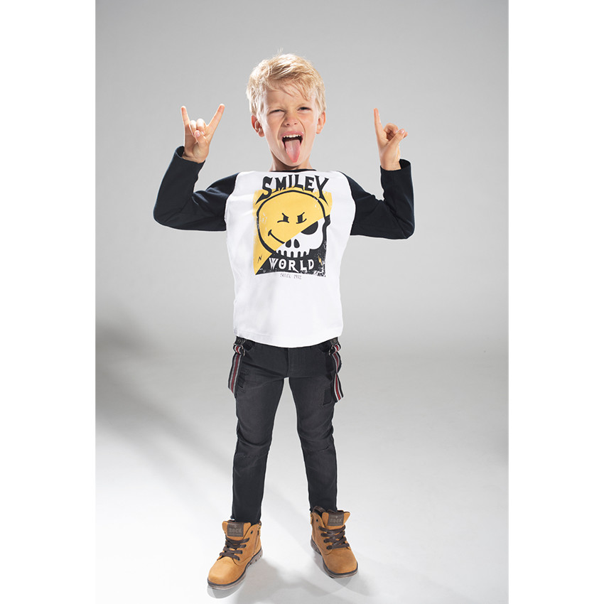 Jeans effet used avec bretelles rayées amovibles 