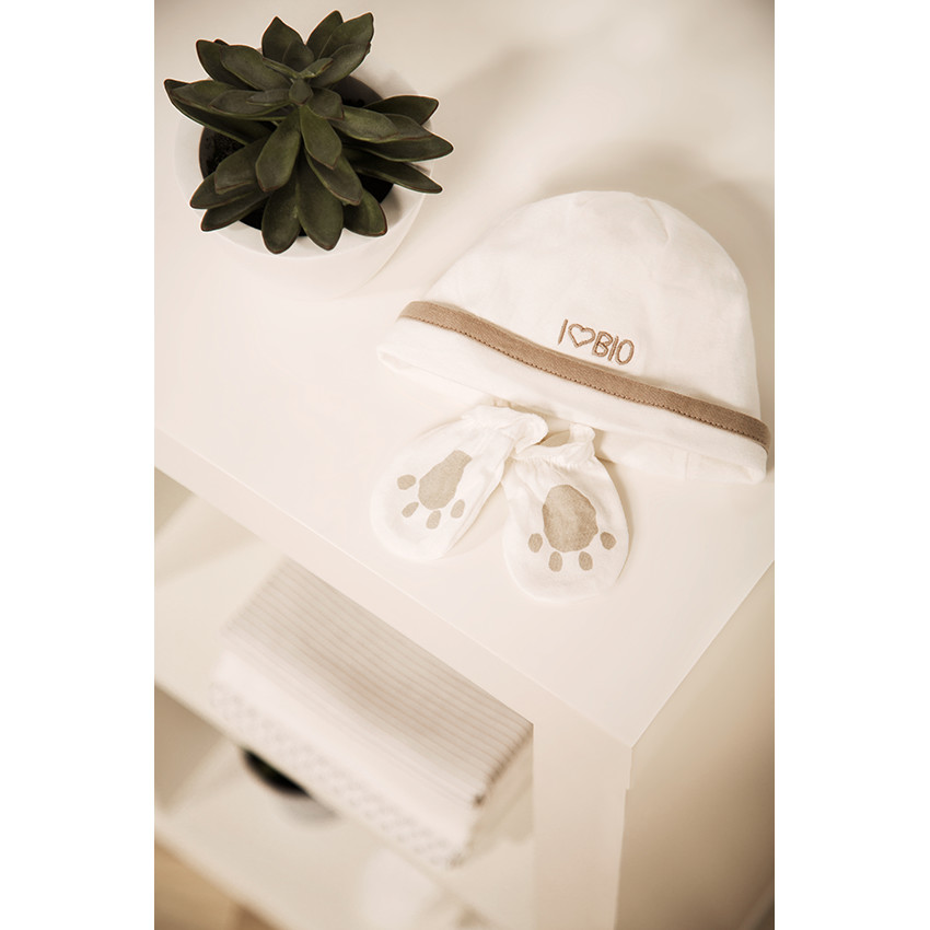 Ensemble naissance bonnet et moufles en coton bio 