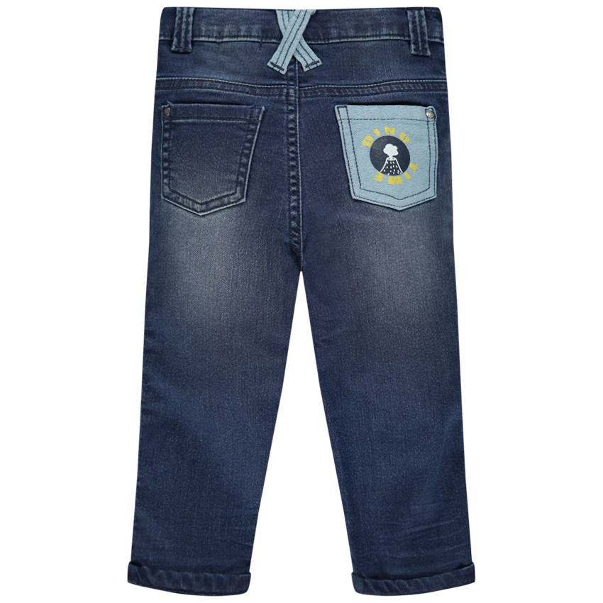 Jean effet used doublé jersey à yeux brodés 