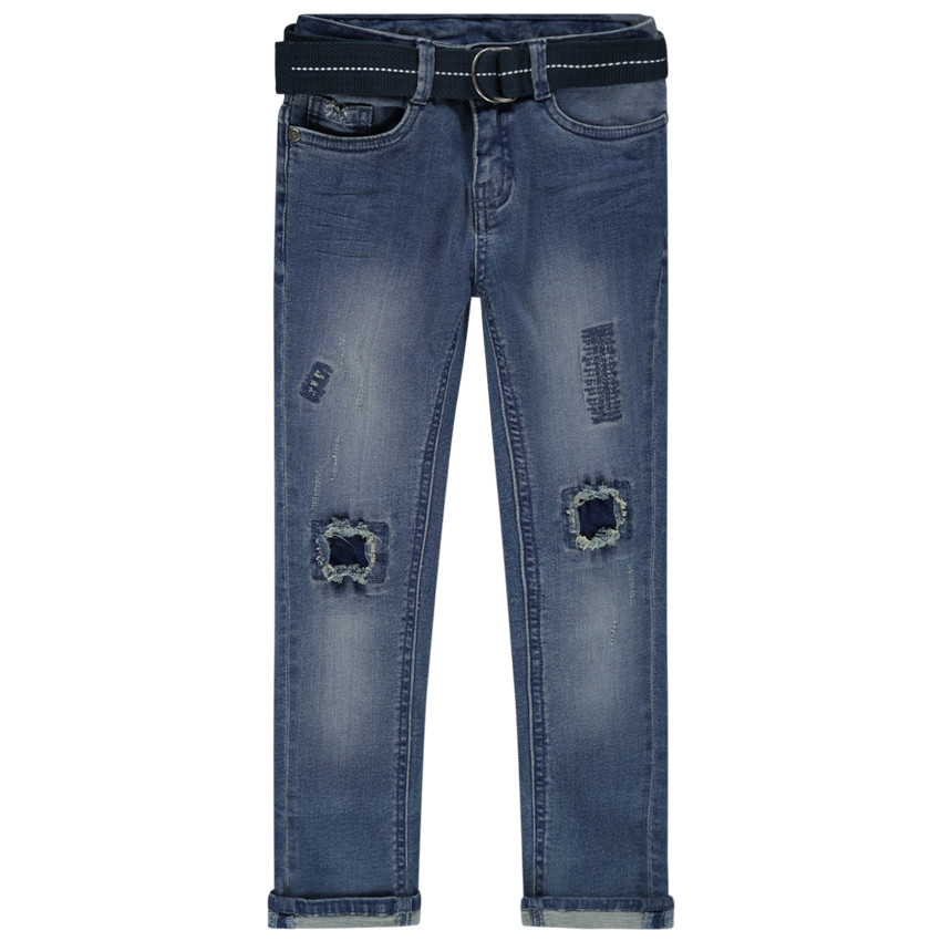 Jean effet used à trous et ceinture repositionnable 