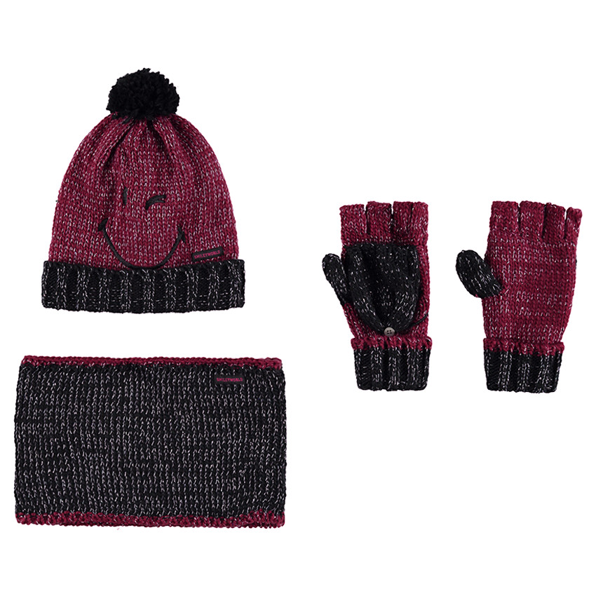 Ensemble avec bonnet broderie Smiley, mitaines et snood en tricot 