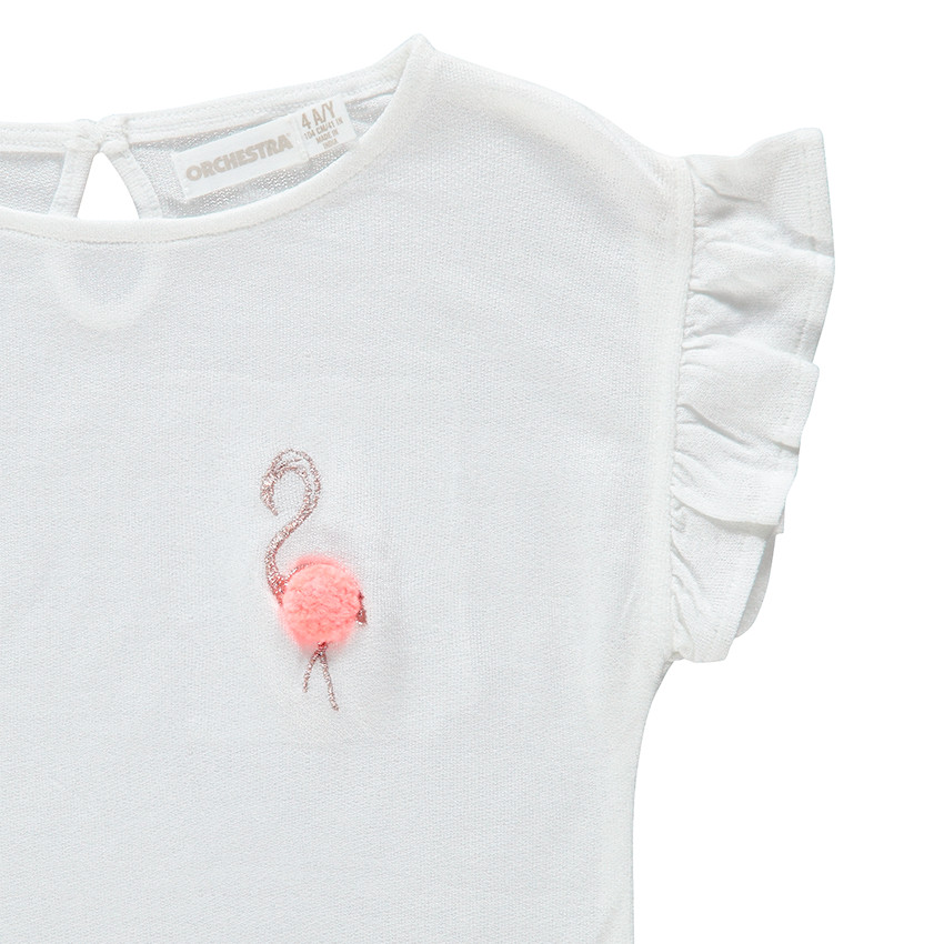 Tee-shirt manches courtes avec broderies brillantes et pompons 
