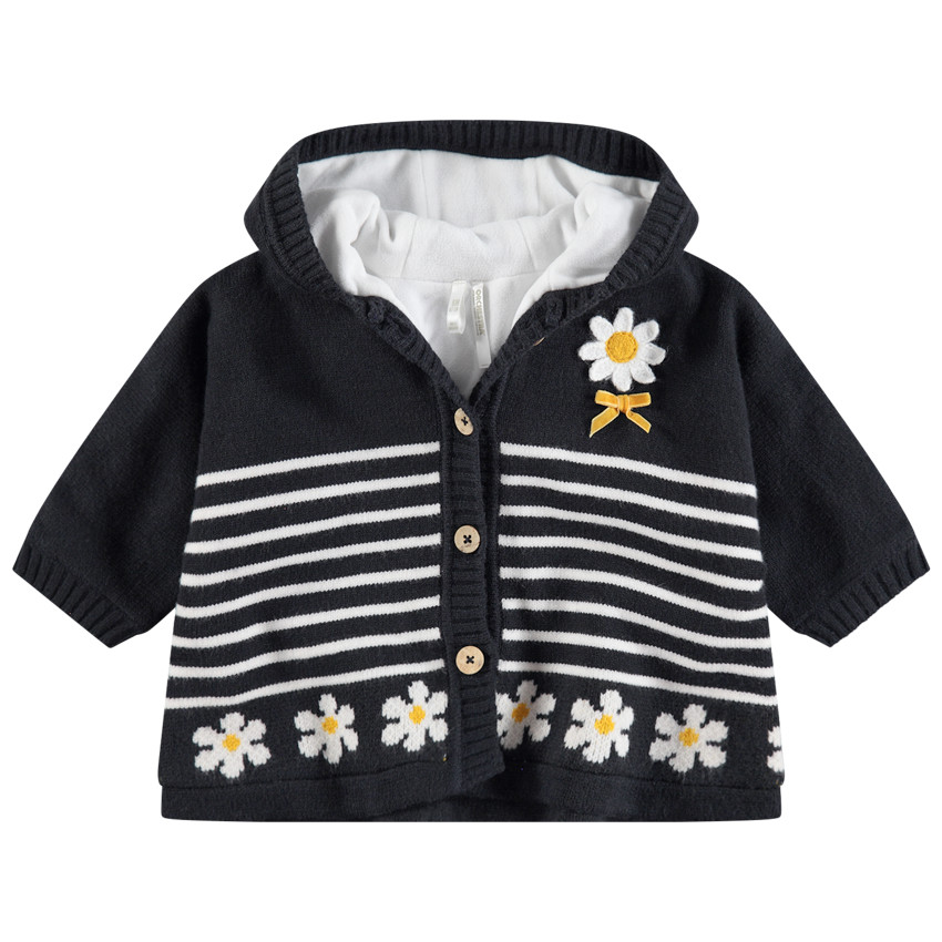 Veste à capuche en tricot doublée micropolaire à rayures et marguerites 