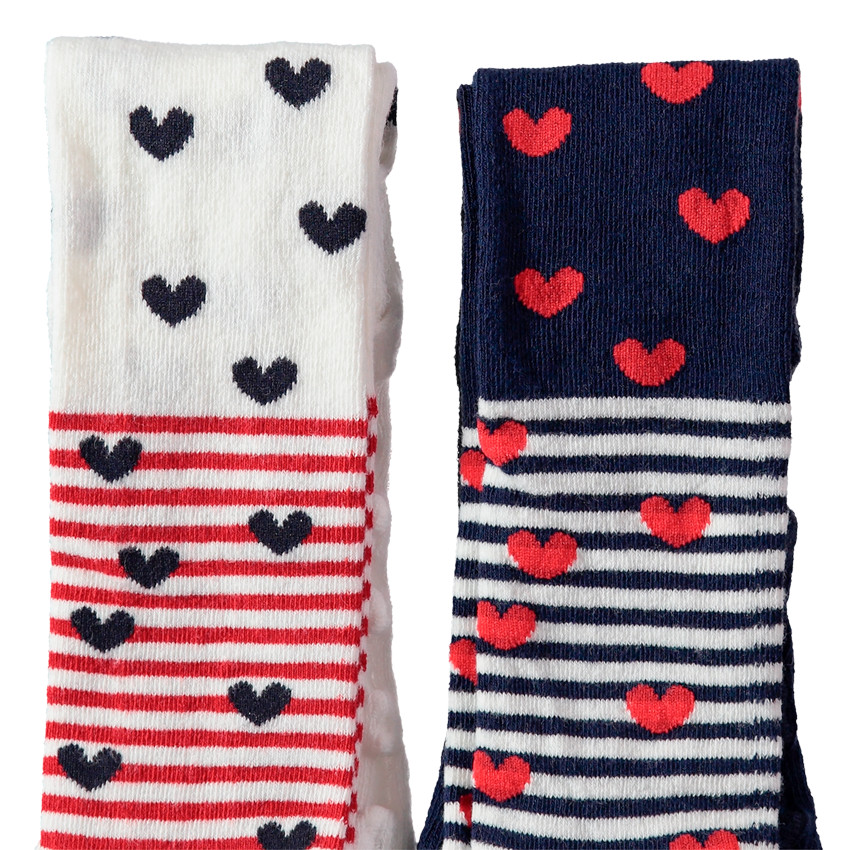 Lot de 2 collants épais avec rayures et coeurs en jacquard 