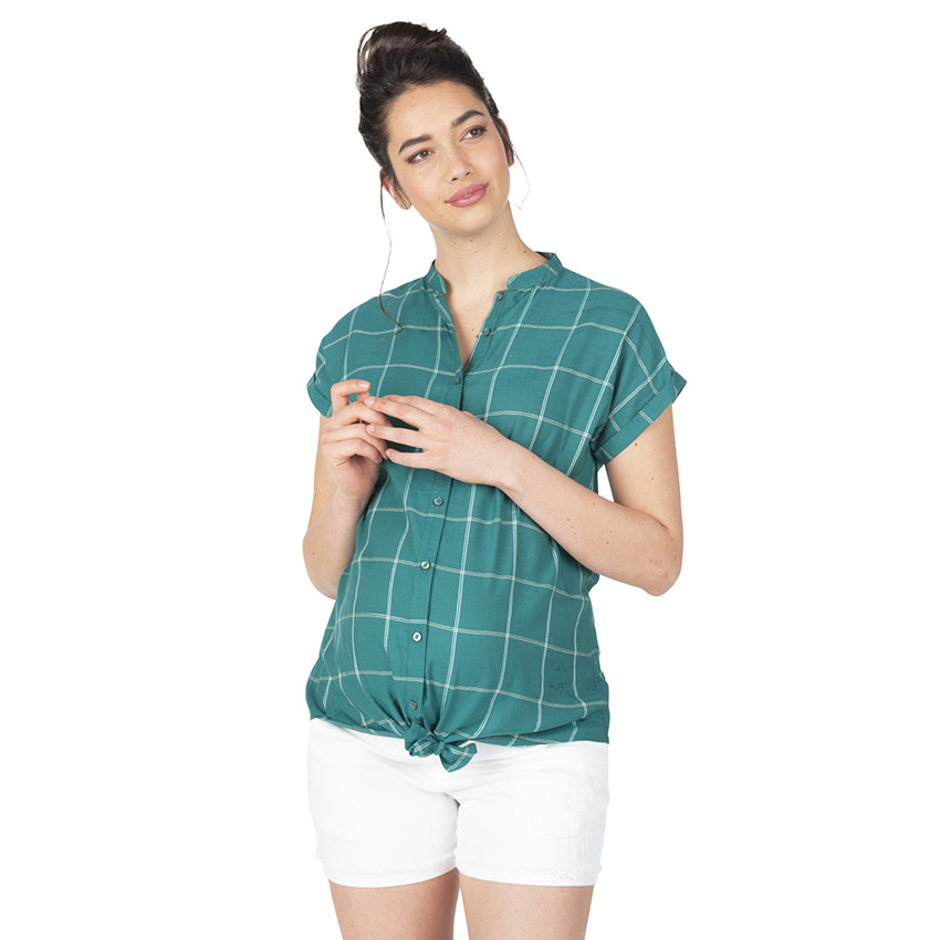Chemise manches courtes à carreaux avec col mao 