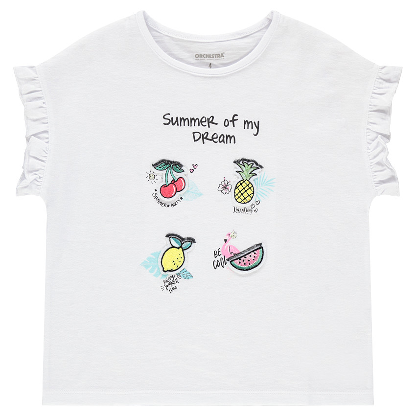 Tee-shirt manches courtes avec fruits patchés et manches volantées 