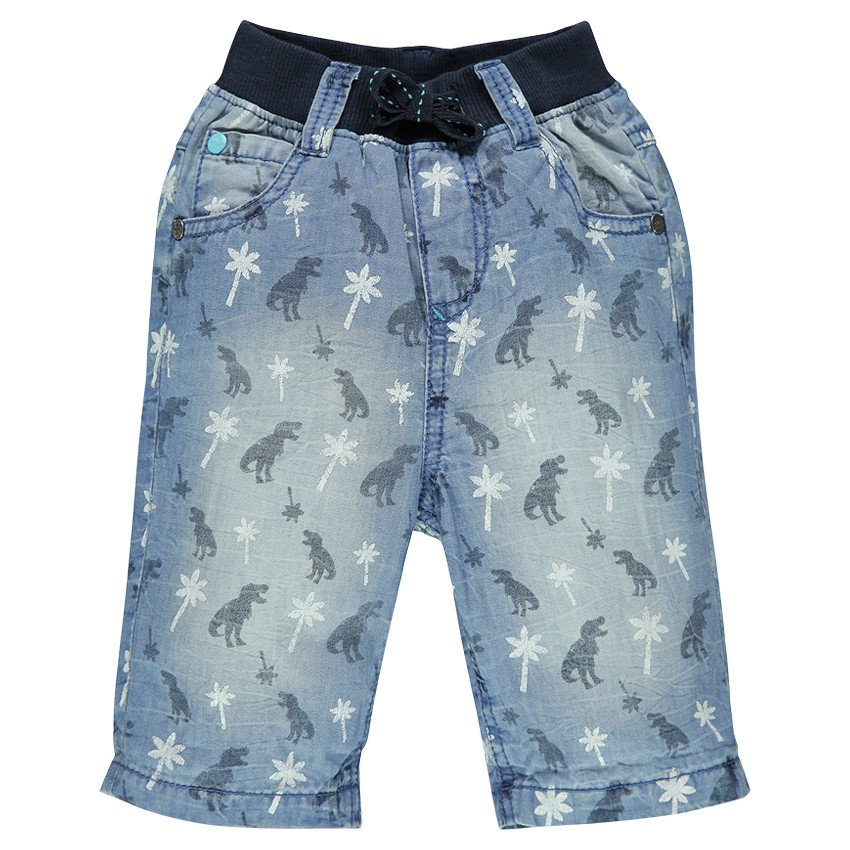 Bermuda en jeans effet used imprimé dinosaures et palmiers 