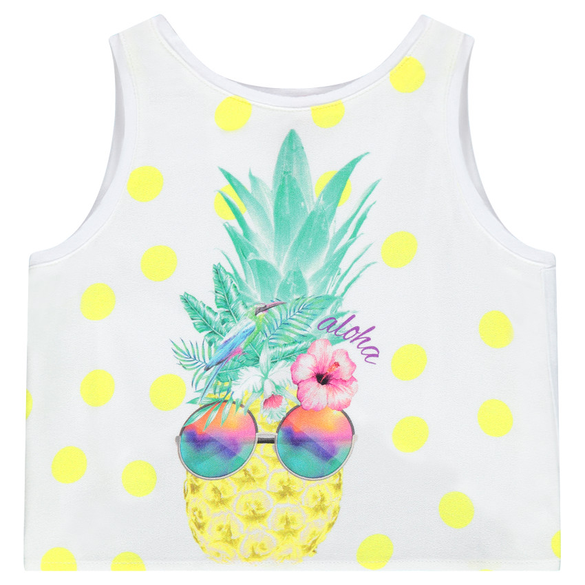 Top court à pois avec ananas printé et pans croisés au dos 