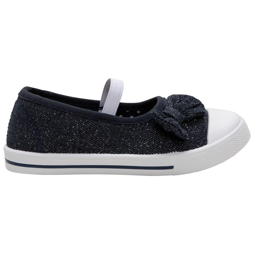 Babies en toile bleue mélangée de fils brillants à noeud et lanière élastiquée 