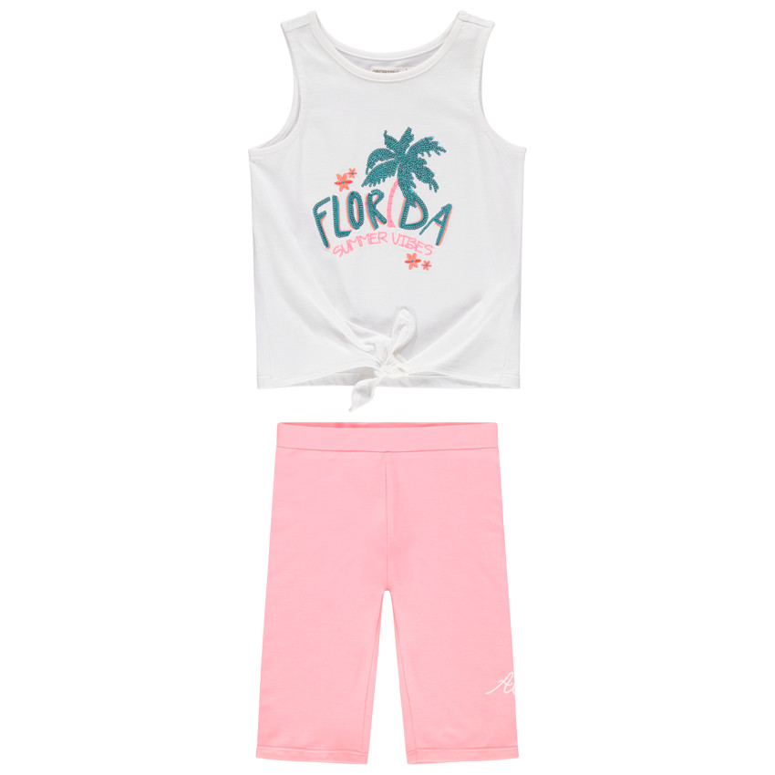 Ensemble van roze wielershort en tanktop met lovertjes 