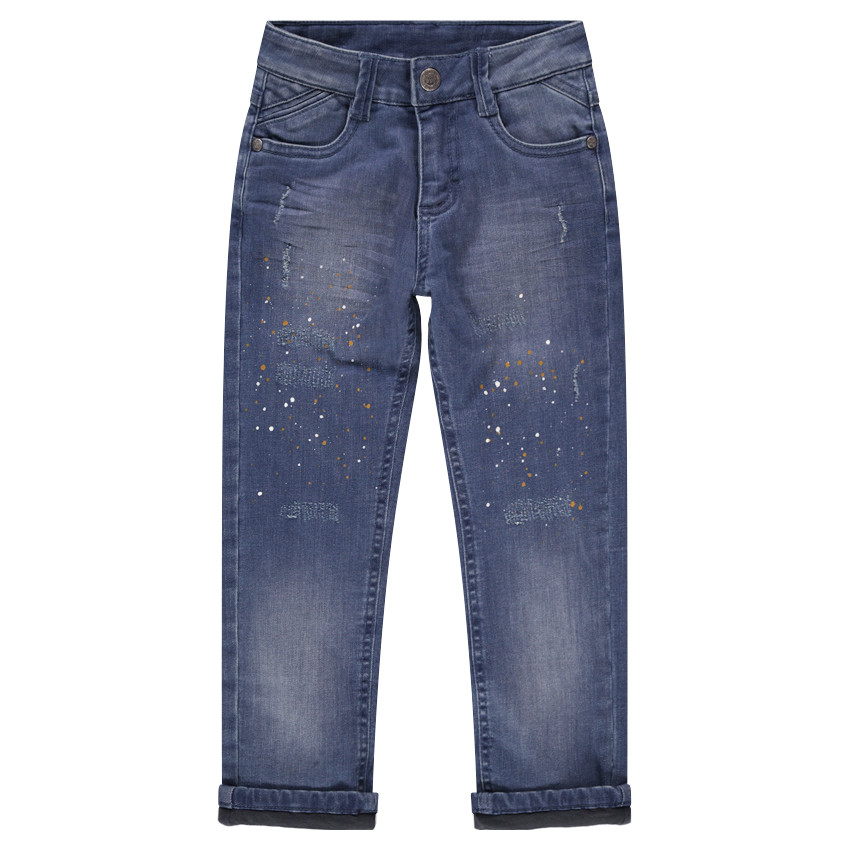 Jeans effet used doublé jersey avec effet de taches de peinture 