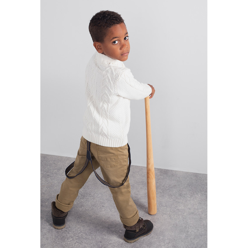 Pantalon en coton surteint effet crinkle avec bretelles rayées amovibles 