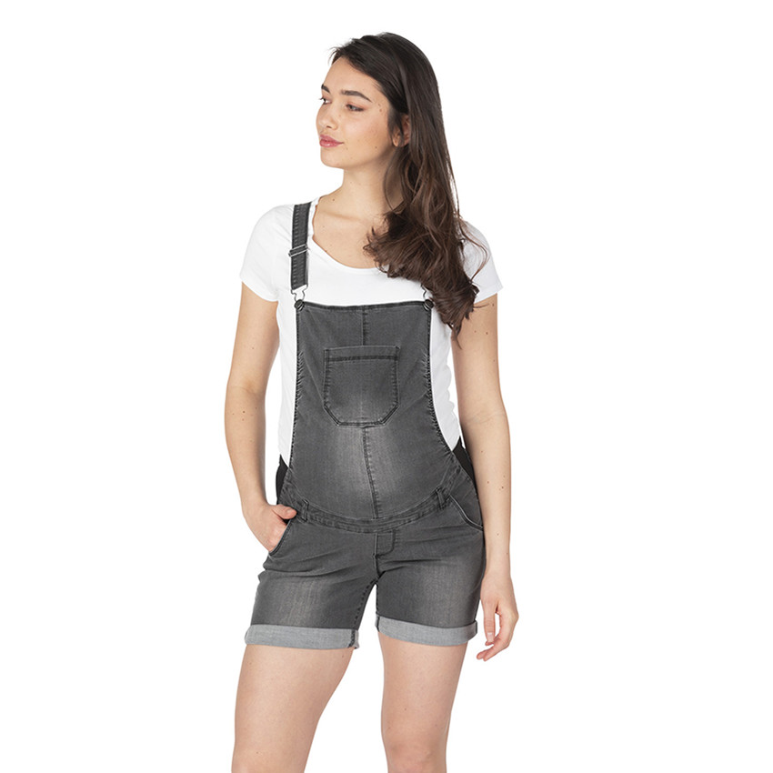 Salopette courte de grossesse en jeans effet used avec élastiques côtés 