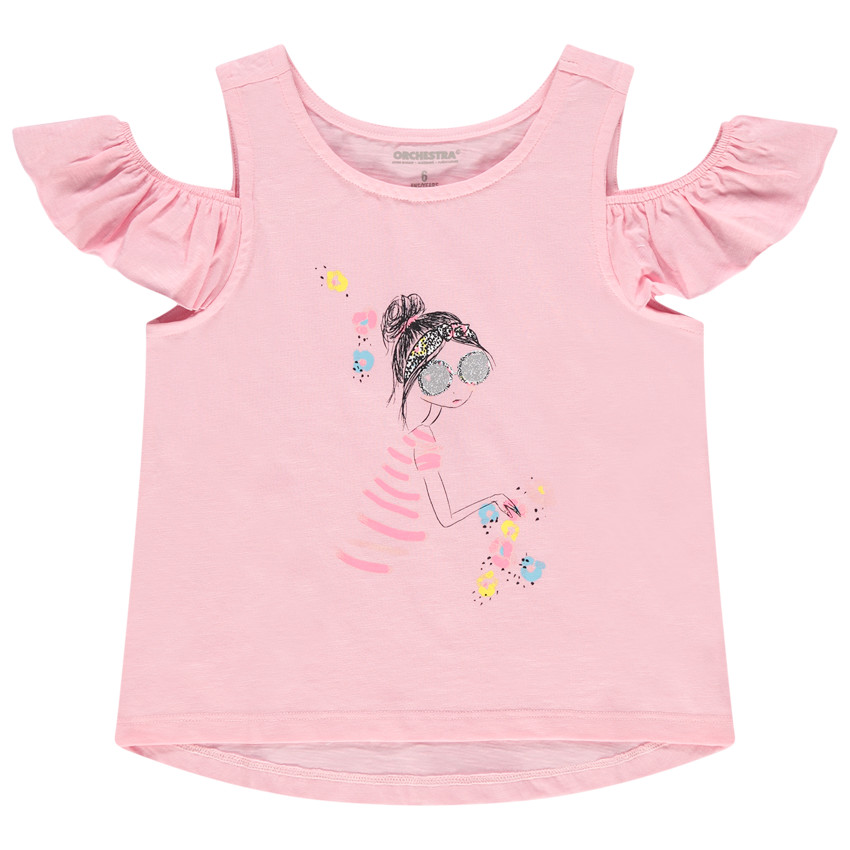 T-shirt manches courtes à épaules dénudées print personnage 