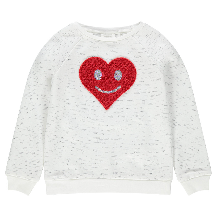 Sweat en molleton chiné avec coeur en bouclette et sequins argentés 