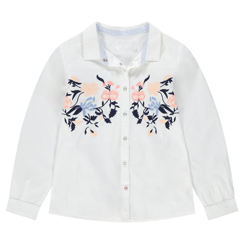 Junior - Chemise manches longues en coton avec fleurs brodées 
