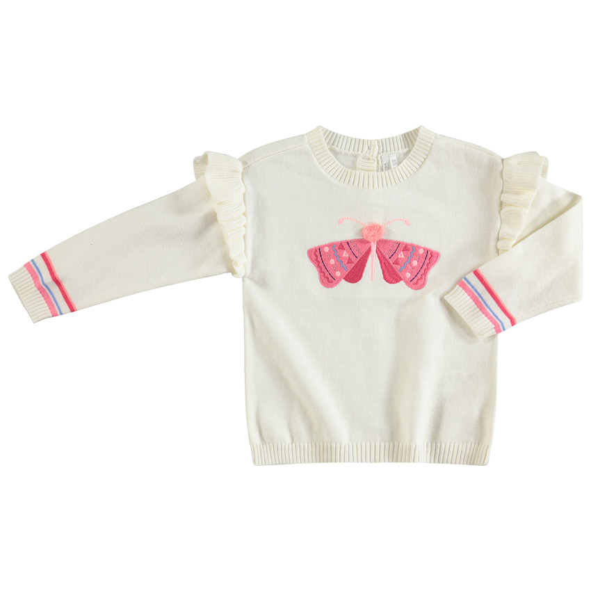 Pull en tricot fin à emmanchures volantées et papillon brodé 