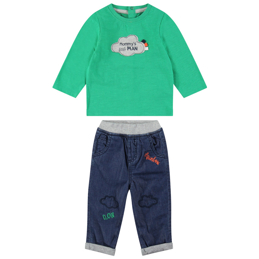 Ensemble avec tee-shirt manches longues vert et jeans à broderies 