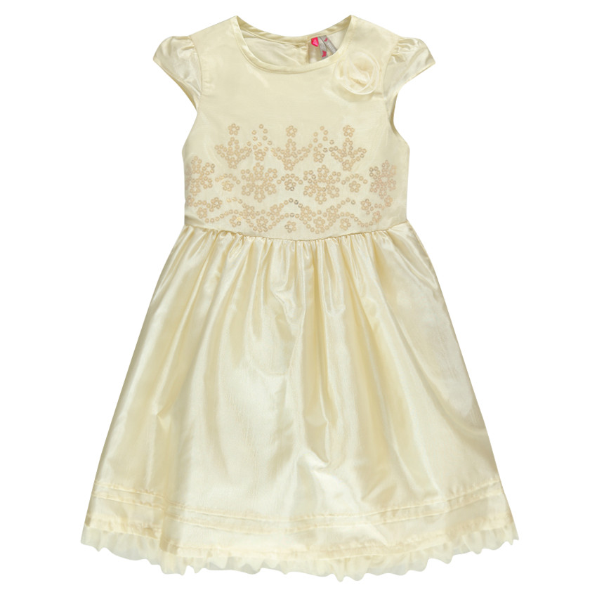 Robe manches courtes effet satiné avec tulle et sequins 