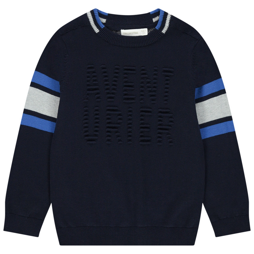 Pull en tricot à bandes et inscription en relief 