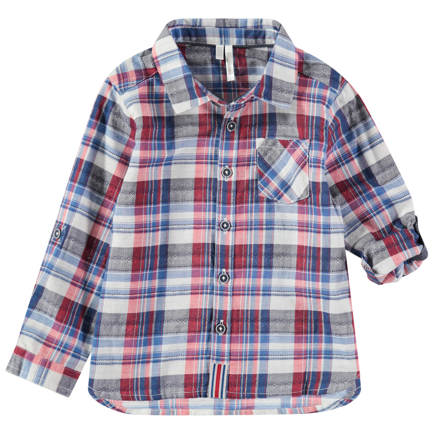 Chemise manches longues retroussables à carreaux et poche 