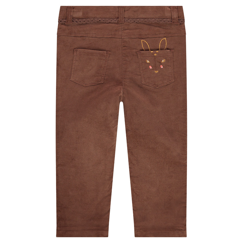 Pantalon slim en velours avec faon brodé et galon dentelle  