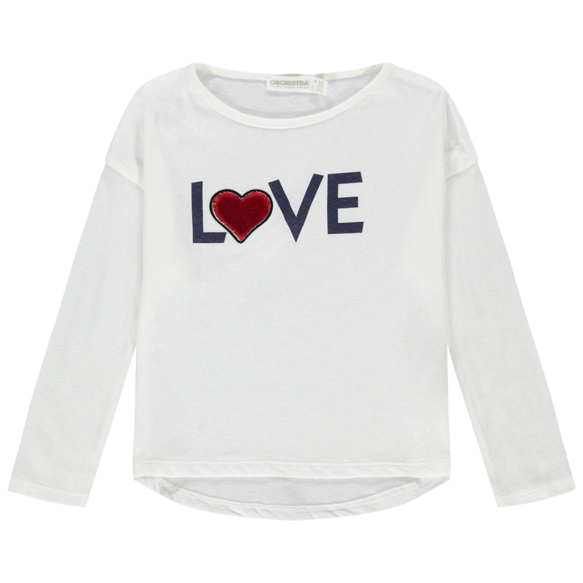 T-shirt manches longues uni avec message printé et coeur en velours 