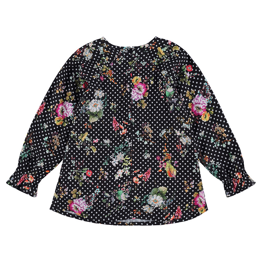 Tunique manches longues en satin de coton avec fleurs et pois all-over 