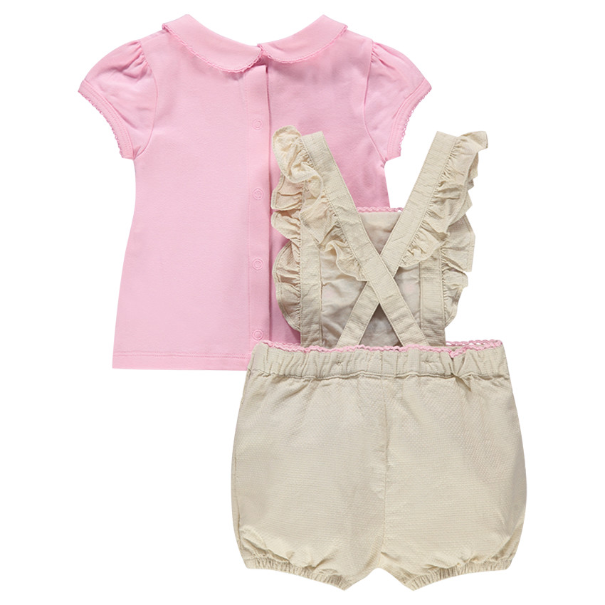 Ensemble avec tee-shirt col Claudine et salopette à bretelles volantées 