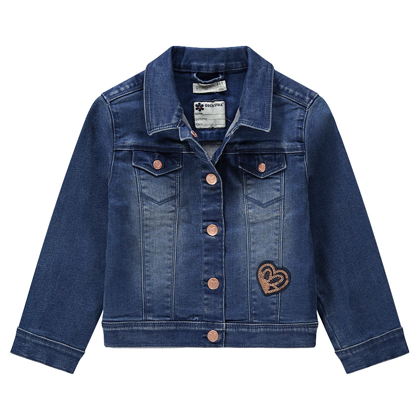 Veste en jean effet used à poches et coeur en sequins 