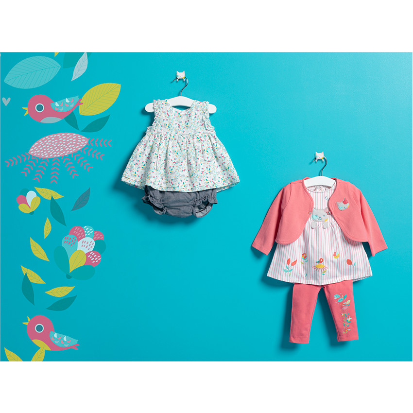 Ensemble avec tunique à fleur et bloomer avec chat brodé 