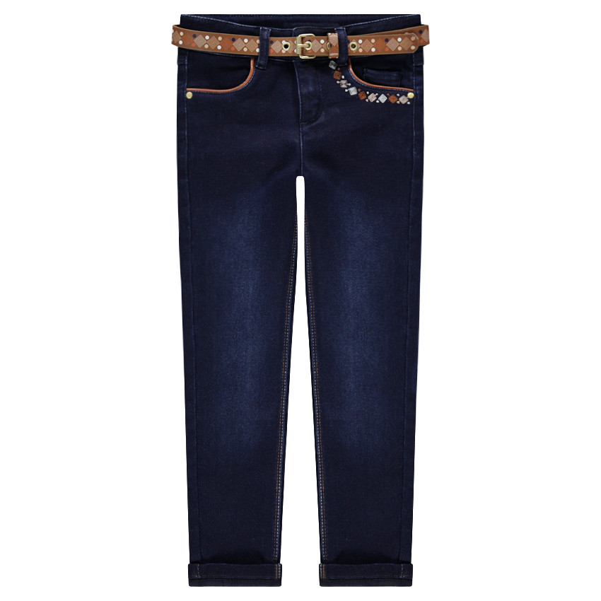 Jeans coupe slim effet used avec ceinture amovible motif ethnique 