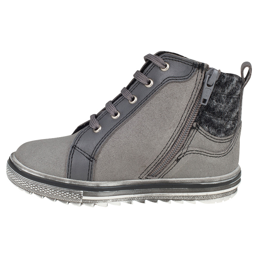 Bottillons hauts bi-matière cuir/textile à lacets et zip 