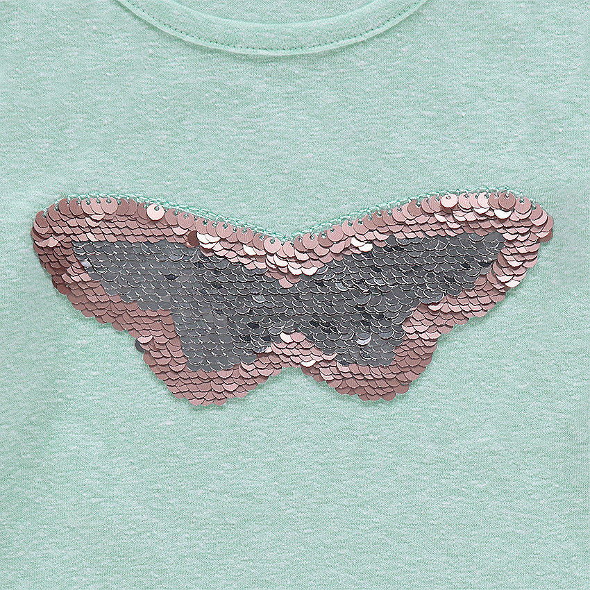 Tee-shirt manches longues en jersey chiné avec papillon en sequins magiques et volants 