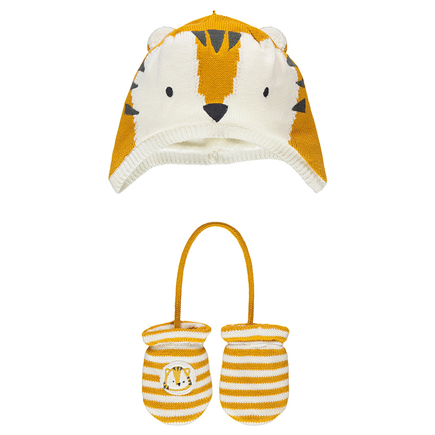 Ensemble bonnet en tricot doublé sherpa et moufles motif tigre 