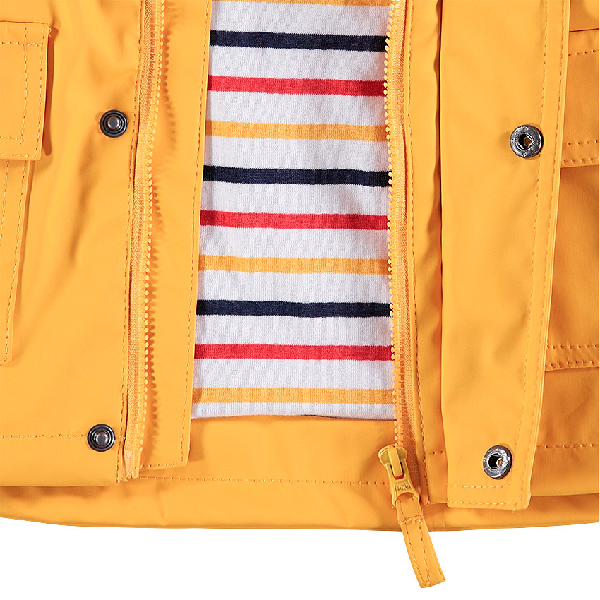 Parka en gomme jaune avec doublure rayée 