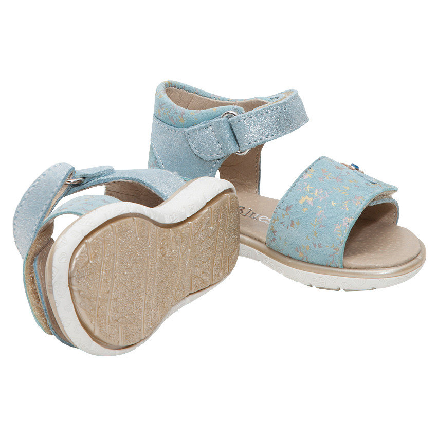 Nu-pieds bleus à scratch avec empiècements pailletés et coeurs 